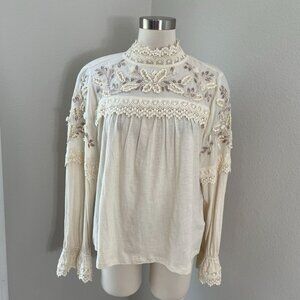 Anthropologie Womens Large Jemma Cream Crochet Lace Romantic Blouse Boho Shirt